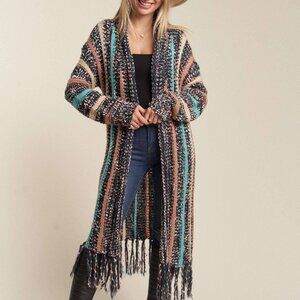 NWT MADELYN Fringe Hem Multi-Stripe Duster Cardigan Navy Peach Teal Size Small
